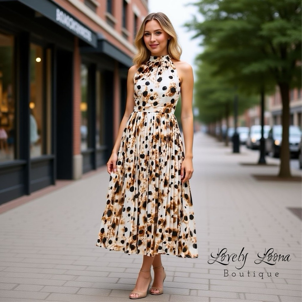 Tan Pleated Halter Midi Dress
